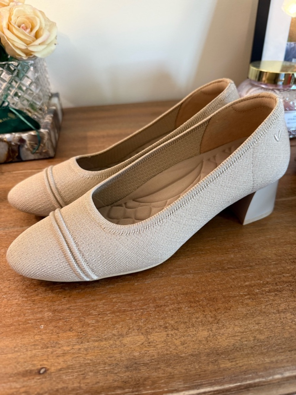 Women’s Neutral Knit Block Heel Pumps - Comfortable Everyday Style